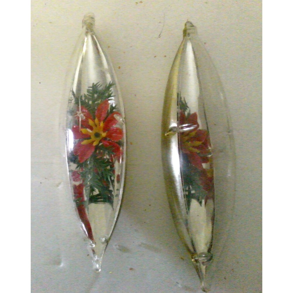2 Jewelbrite Teardrop Poinsettia Diorama Ornaments 1960's